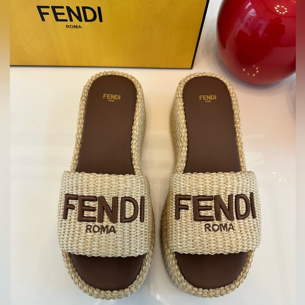 Fendi Beige and Brown Logo Slide Sandals